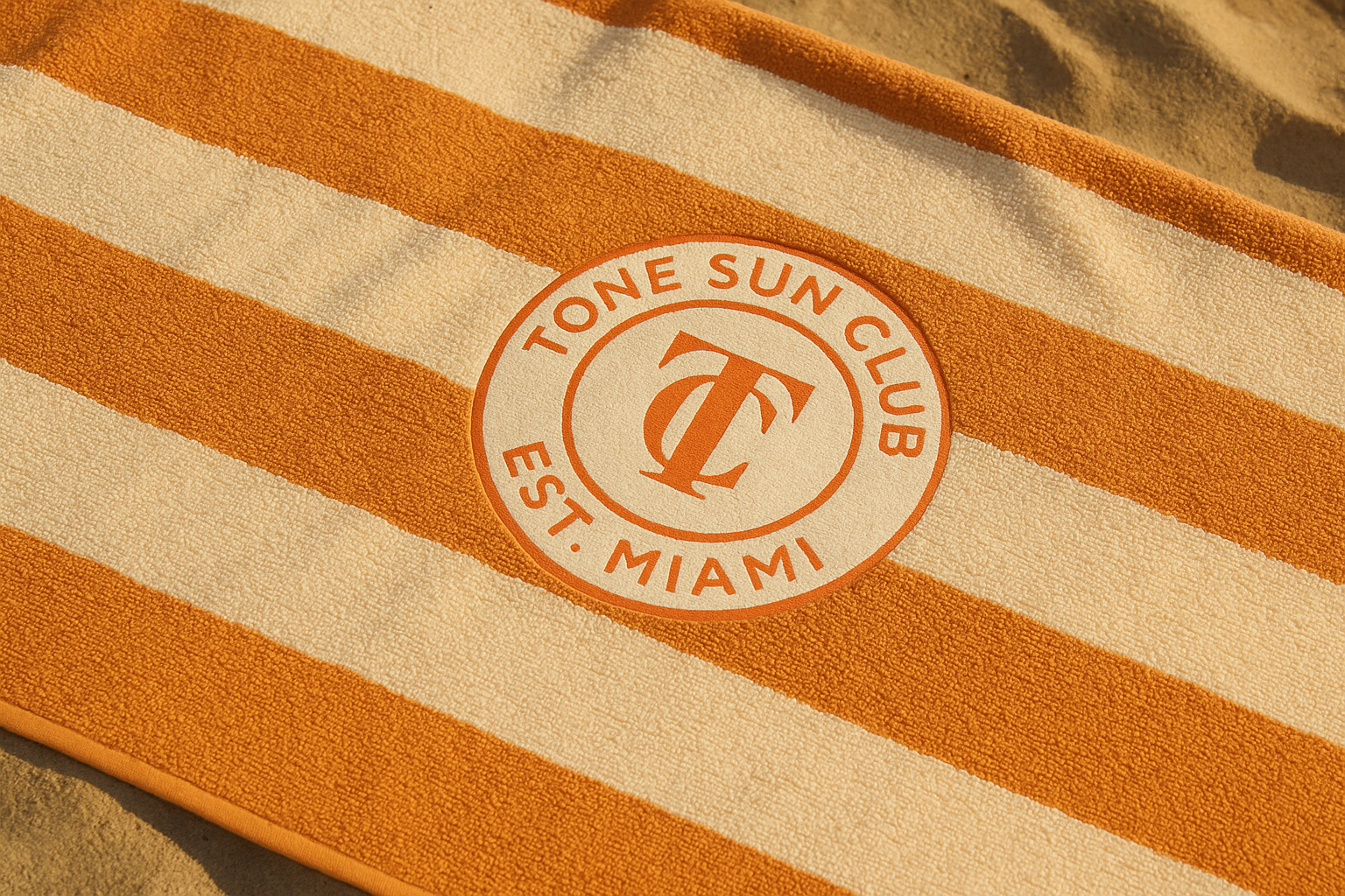 Beige and orange striped towel with Tone Sun Club logo on sand