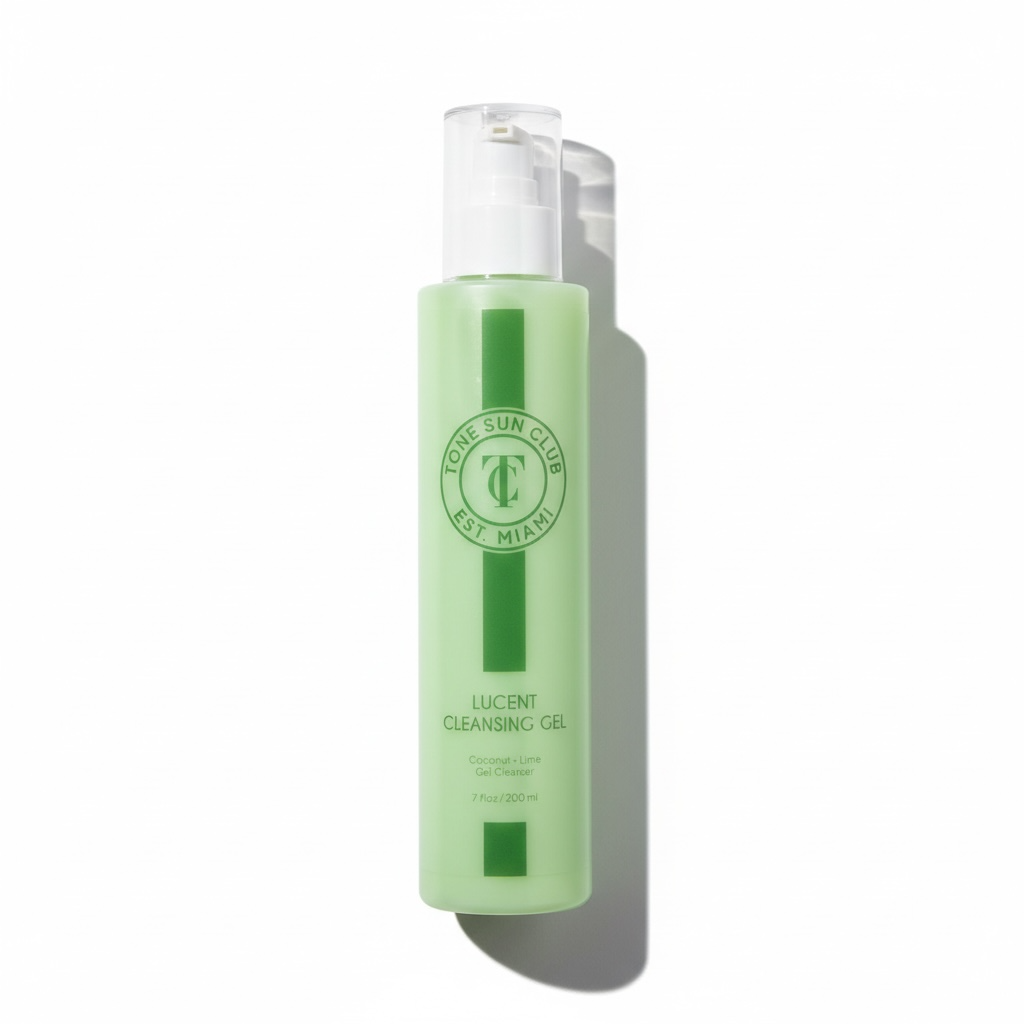 Green bottle of cleansing gel with a clear cap on a white background